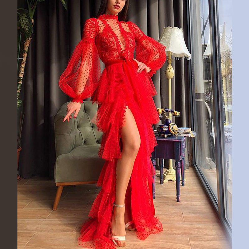 Charming Red Fashion Lantern Sleeve High Fork Tulle Long Prom Dresses PD1956