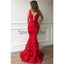 Charming Red Lace V-Neck Mermaid Modest Formal Prom Dresses PD2177