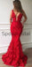 Charming Red Lace V-Neck Mermaid Modest Formal Prom Dresses PD2177