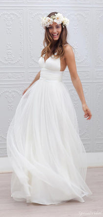 Sexy V-neck Backless Tulle A-line Simple Long Beach Wedding Dress, WD0120