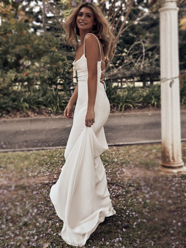 modest beach wedding dresses Simple Modest Beach Garden A-Line V-Neck Satin Chiffon Wedding Dress with Brush Train and Ruching