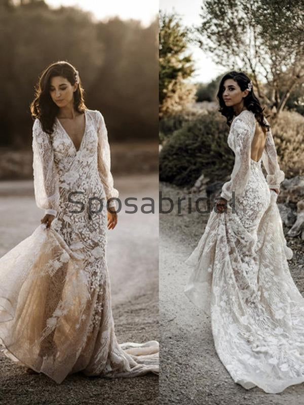 long sleeve country dresses 3/4 Sleeves Lace Top Long Chiffon Beach Wedding Dresses Ivory Country Bridal Dress AWD1264