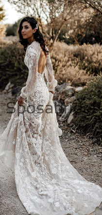 Charming Unique Lace V-Neck Long Sleeves Country Wedding Dresses WD0445