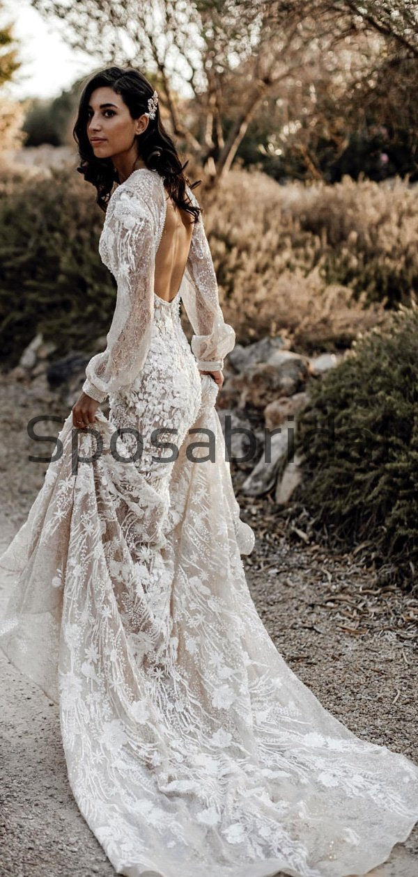 Charming Unique Lace V-Neck Long Sleeves Country Wedding Dresses WD044 SposaBridal Charming Unique Lace V-Neck Long Sleeves Country Wedding Dresses WD044 SposaBridal