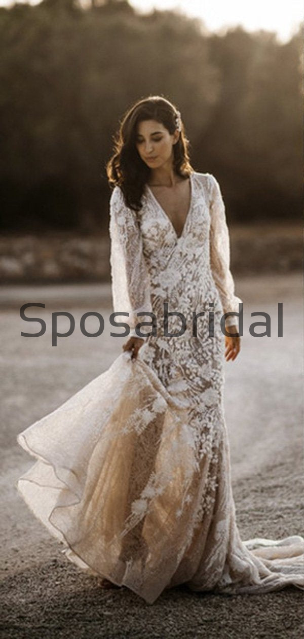 Charming Unique Lace V-Neck Long Sleeves Country Wedding Dresses WD044 SposaBridal Charming Unique Lace V-Neck Long Sleeves Country Wedding Dresses WD044 SposaBridal