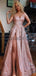 Charming V-Neck A-line Side Slit Sequin Sparkly Long Modest Prom Dresses, Evening dresses PD1850