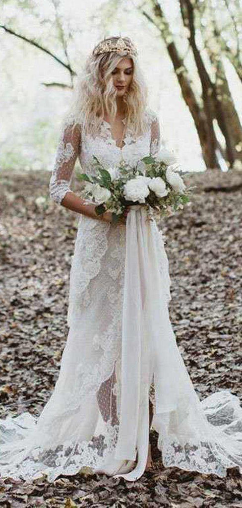 Boho Long Sleeve Luxury Lace Long Beach Wedding Dresses, WD0615