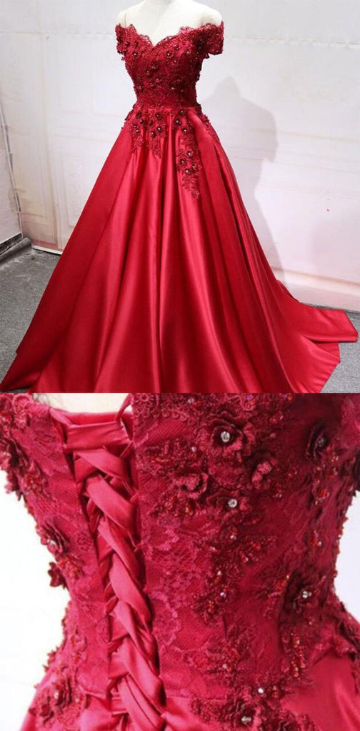 Charming A-Line Off-the-Shoulder Pleated Burgundy Satin Prom Dress with Appliques, PD1223