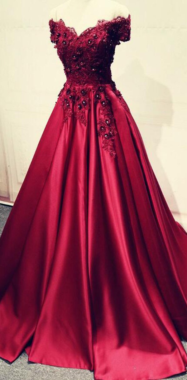 Charming A-Line Off-the-Shoulder Pleated Burgundy Satin Prom Dress wit SposaBridal Charming A-Line Off-the-Shoulder Pleated Burgundy Satin Prom Dress wit SposaBridal