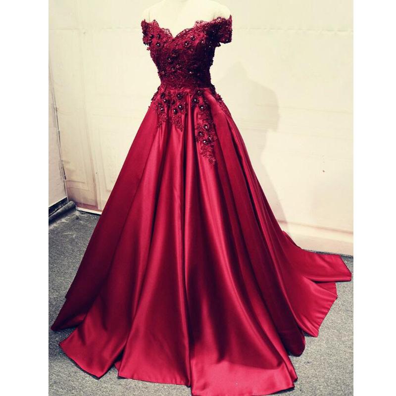 Charming A-Line Off-the-Shoulder Pleated Burgundy Satin Prom Dress with Appliques, PD1223