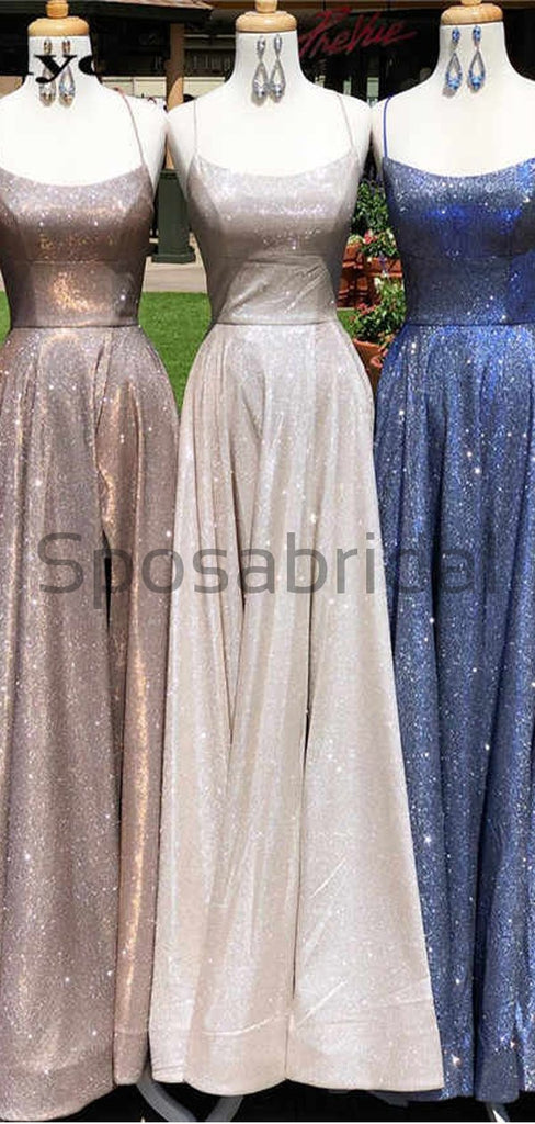 Charming A-line Sparkly Spaghetti Straps Long Vintage Shining Simple Prom Dresses PD1767