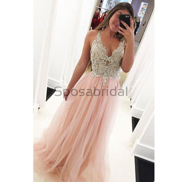 Charming A-line V-Neck Tulle Elegant Formal Modest Prom Dresses PD1784