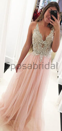 Charming A-line V-Neck Tulle Elegant Formal Modest Prom Dresses PD1784
