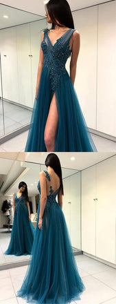Charming A-line V-Neck Tulle Elegant Side Split Long Prom Dresses , PD0859 - SposaBridal