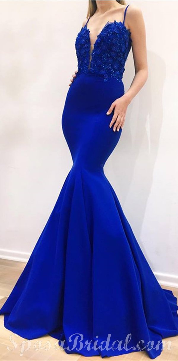 Charming Blue Mermaid Spaghetti Straps Sexy Formal Prom Dresses, Eveni