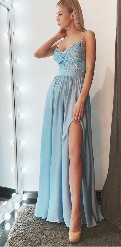 Charming Cheap A-Line Spaghetti Straps Blue Prom Party Dresses with Appliques, PD1224