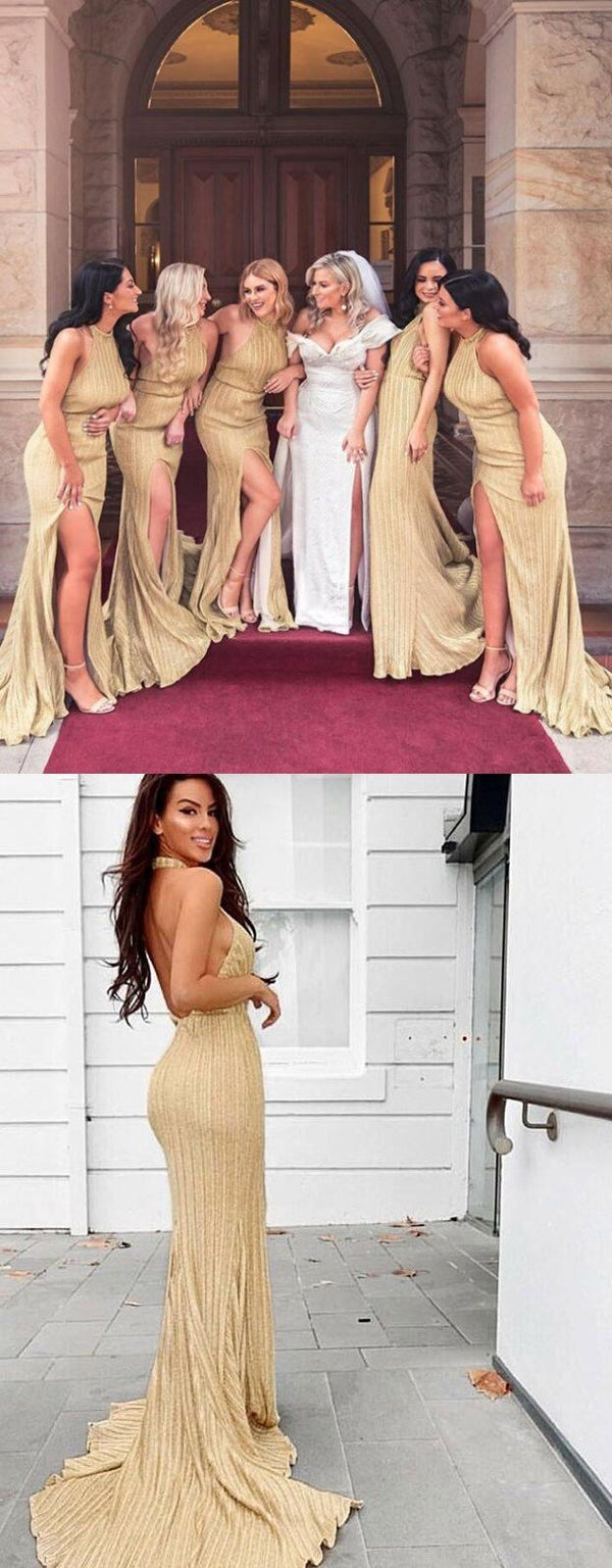 Charming Custom Sparkly Sheath Halter Backless Long Gold Bridesmaid Dr SposaBridal Charming Custom Sparkly Sheath Halter Backless Long Gold Bridesmaid Dr SposaBridal