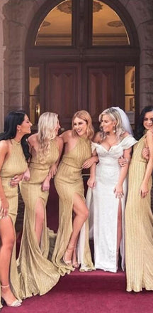 Charming Custom Sparkly Sheath Halter Backless Long Gold Bridesmaid Dresses with Split, WG398