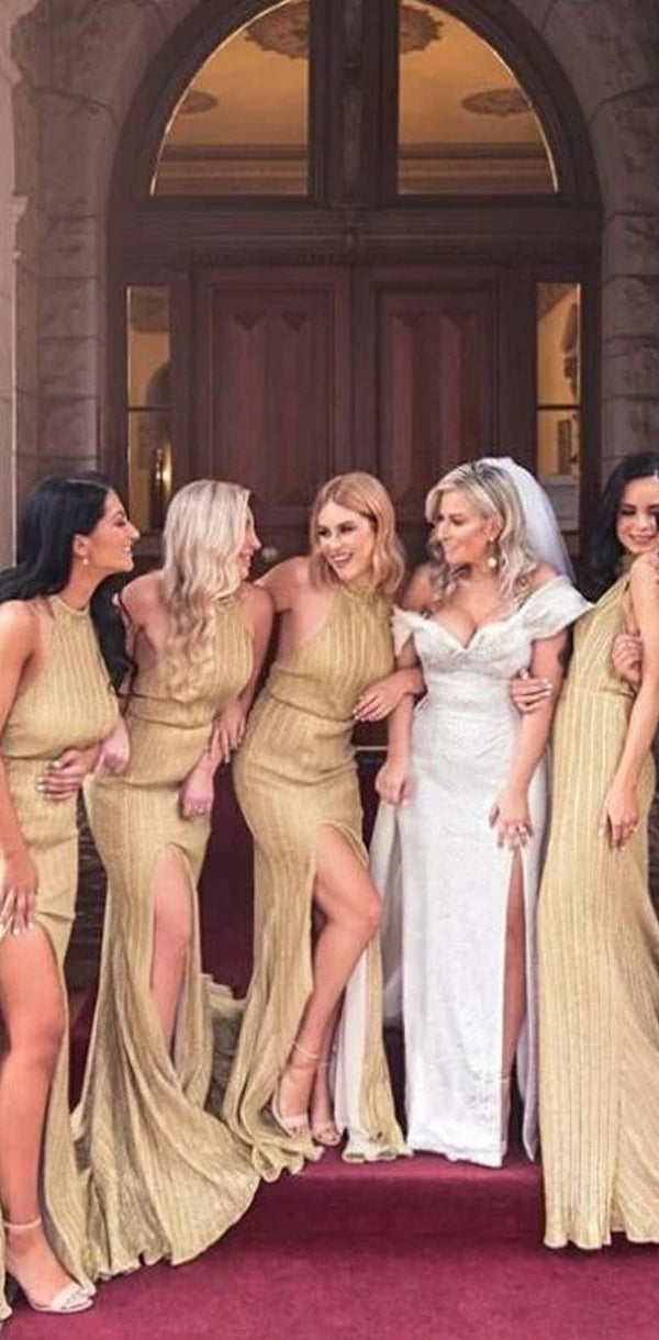 Charming Custom Sparkly Sheath Halter Backless Long Gold Bridesmaid Dr SposaBridal Charming Custom Sparkly Sheath Halter Backless Long Gold Bridesmaid Dr SposaBridal