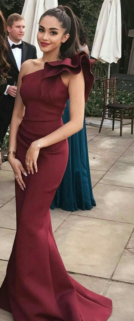 Charming Elegant Burgundy  Mermaid One Shoulder Flounced Sexy Prom Dresses， Evening Gowns ,PD1011 - SposaBridal
