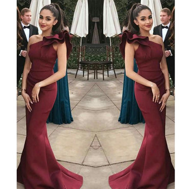 Charming Elegant Burgundy  Mermaid One Shoulder Flounced Sexy Prom Dresses, Evening Gowns ,PD1011 - SposaBridal