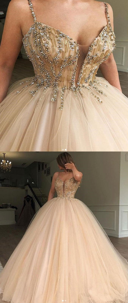 Charming  Gorgeous Spaghetti Straps Tulle Long Popular Prom Dresses with bead, party queen dress , PD0884 - SposaBridal