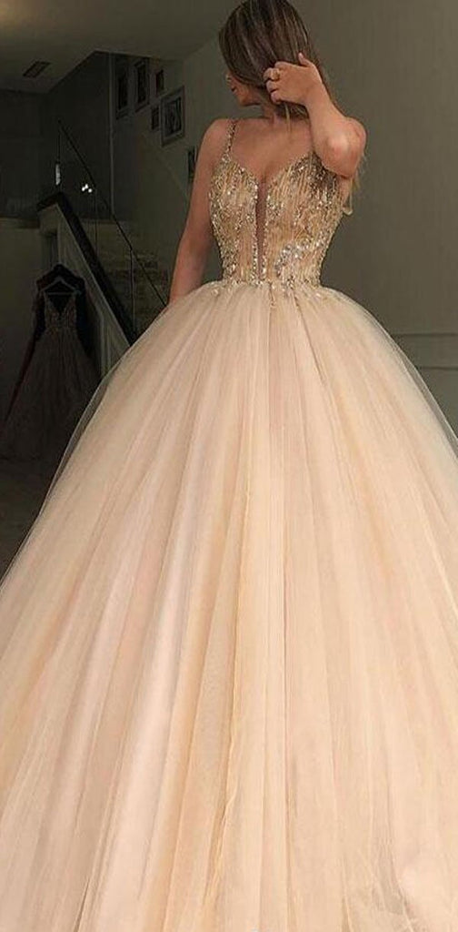 Charming  Gorgeous Spaghetti Straps Tulle Long Popular Prom Dresses with bead, party queen dress , PD0884