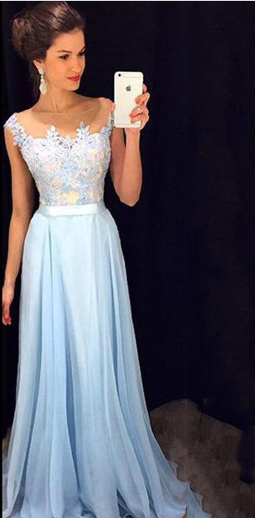 Charming Lace chiffon Blue Cheap Long V Neck Formal Pretty Elegant Pro ...