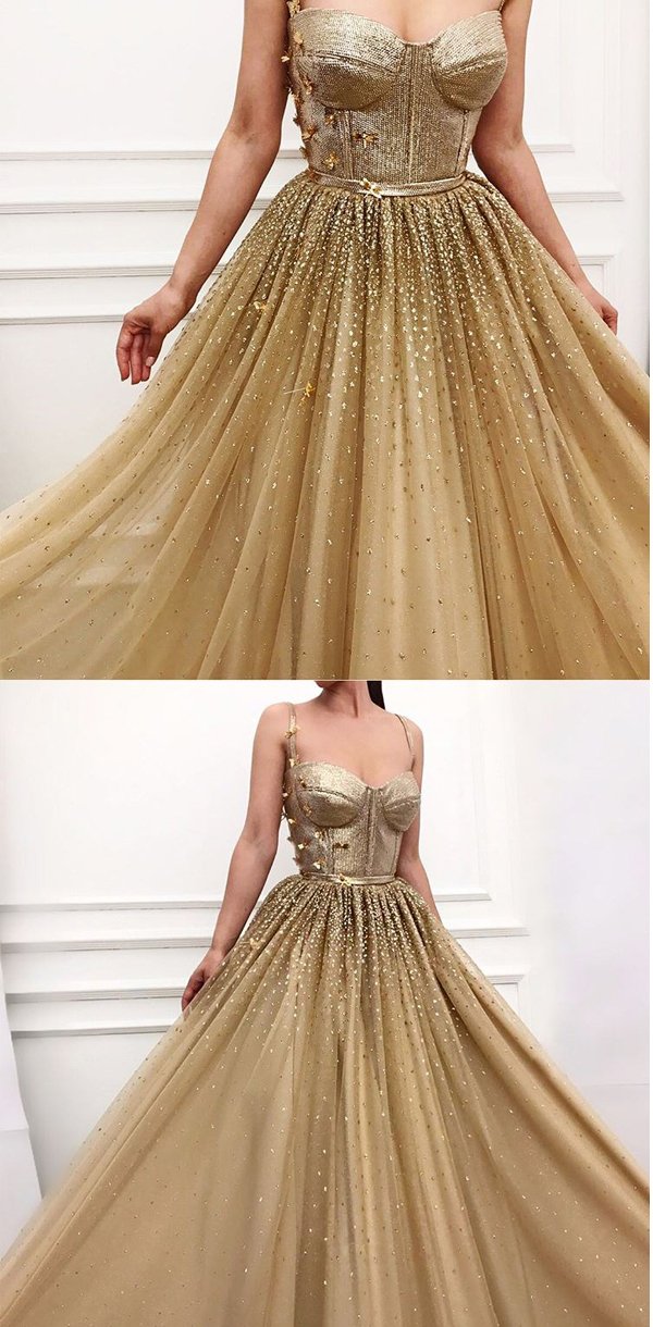 Charming Long Gold Spaghetti Straps Gorgeous Sparkly Modest Prom Dress SposaBridal Charming Long Gold Spaghetti Straps Gorgeous Sparkly Modest Prom Dress SposaBridal
