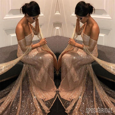 Charming Modest Long Sleeves Sequin Sparkly ELegant Formal Vintage Long Prom Dresses , PD1322