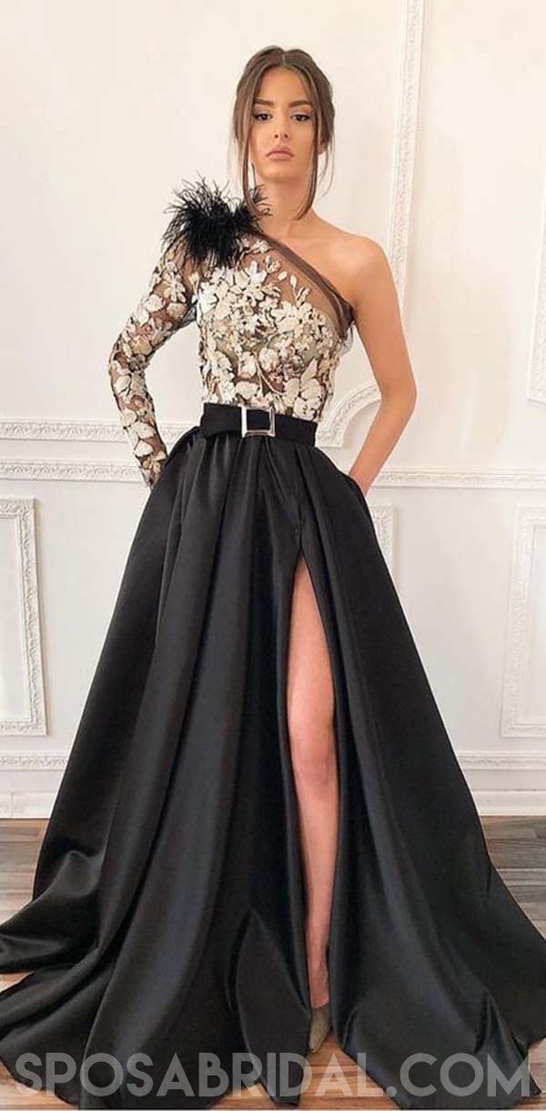 designer black prom dresses Black Satin V-neck Evening Gowns Long Slit Prom Dresses