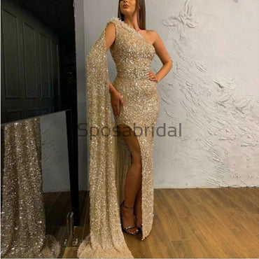 Charming One Shoulder Unique Sparkly Long Formal Modest Prom Dresses, Prom dress PD1839