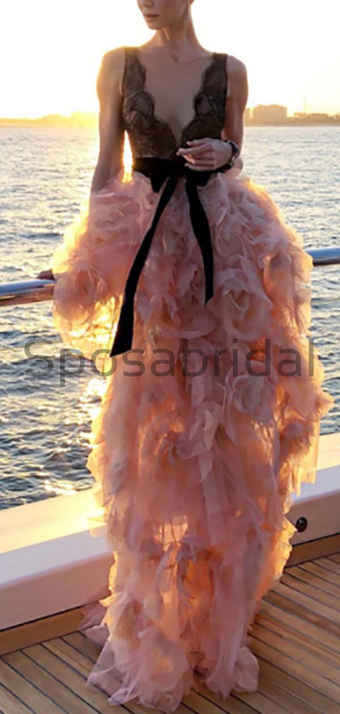 Charming Pretty Lace Pink Unique Design Modest Prom Dresses PD1970