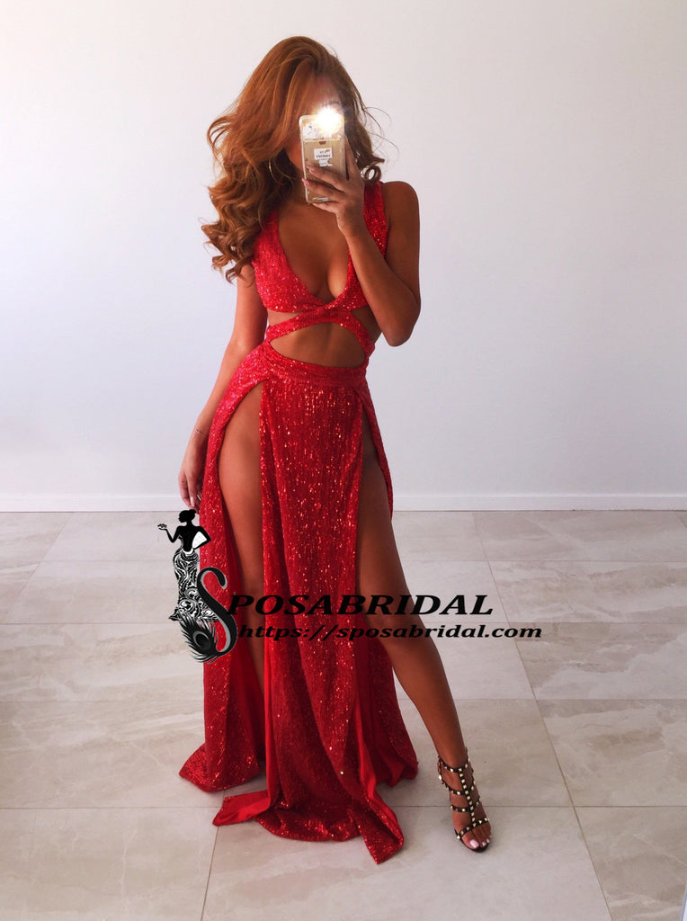 Charming Sexy Sequin Sparkly Simple Red and Black Split Fashion Popular Prom Dresses, Evening dresses, PD0778 - SposaBridal