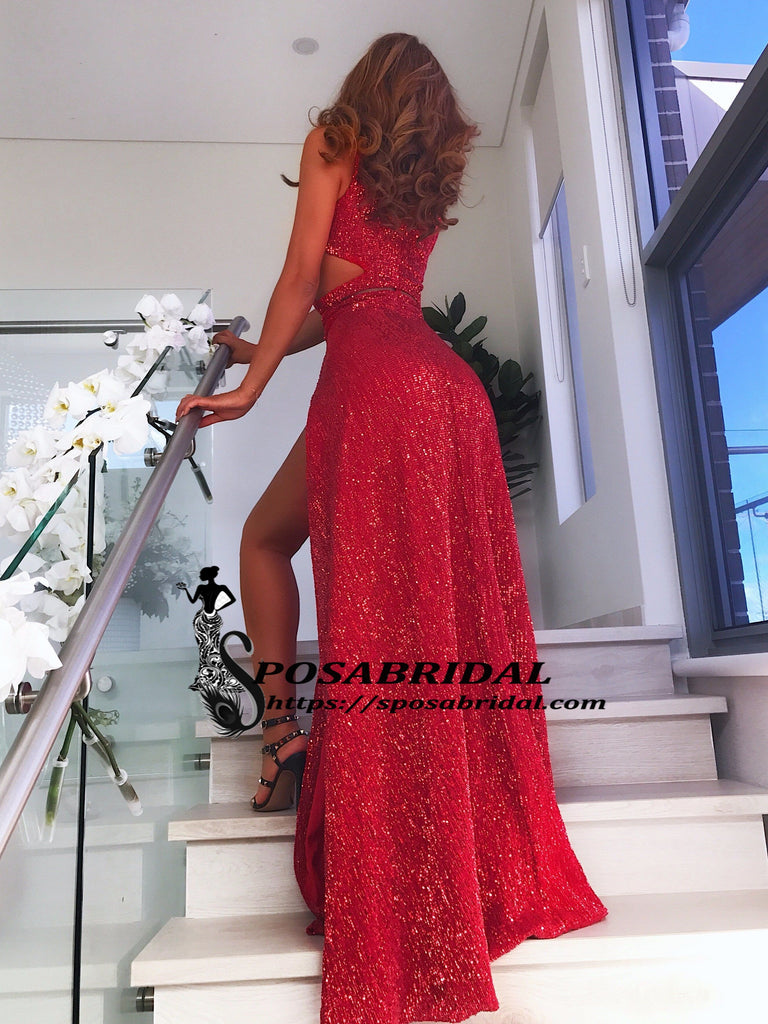 Charming Sexy Sequin Sparkly Simple Red and Black Split Fashion Popular Prom Dresses, Evening dresses, PD0778 - SposaBridal