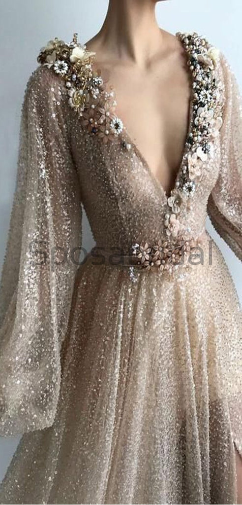 Charming Sexy V-neck Unique Design Formal Sparkly Modest Long Prom Dresses, Evening Dresses PD1563