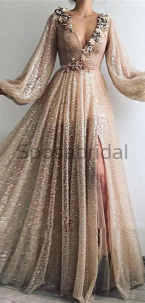 Charming Sexy V-neck Unique Design Formal Sparkly Modest Long Prom Dresses, Evening Dresses PD1563