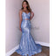 Charming SimpleSpaghetti Straps V-Neck Blue Two Piece Shining Modest Prom Dresses PD1789