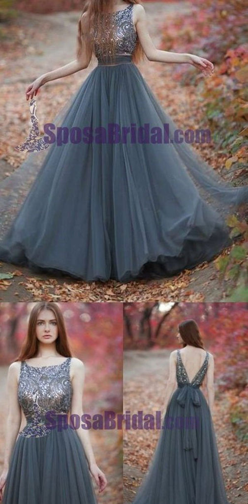 Charming  V-Back Tulle Gray Popular Pretty Evening Long Prom Dresses Online,PD0140