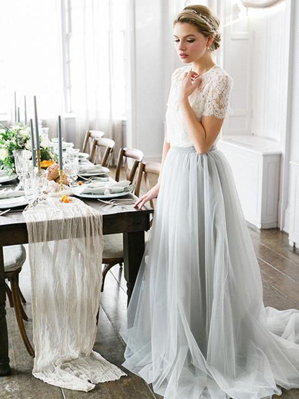 Dusty Blue Cheap Lace and Tulle Two Pieces A-line Prom Dresses, Weddin SposaBridal Dusty Blue Cheap Lace and Tulle Two Pieces A-line Prom Dresses, Weddin SposaBridal