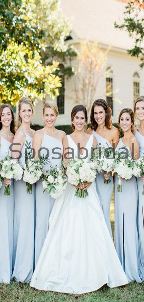 silver blue bridesmaid dresses Cheap Baby Blue One Shoulder Simple Bridesmaid Dresses WG789 – SposaBridal