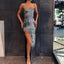 Cheap Spaghetti Straps Mermaid Silver Gray Sequin Long Prom Dresses PD2214