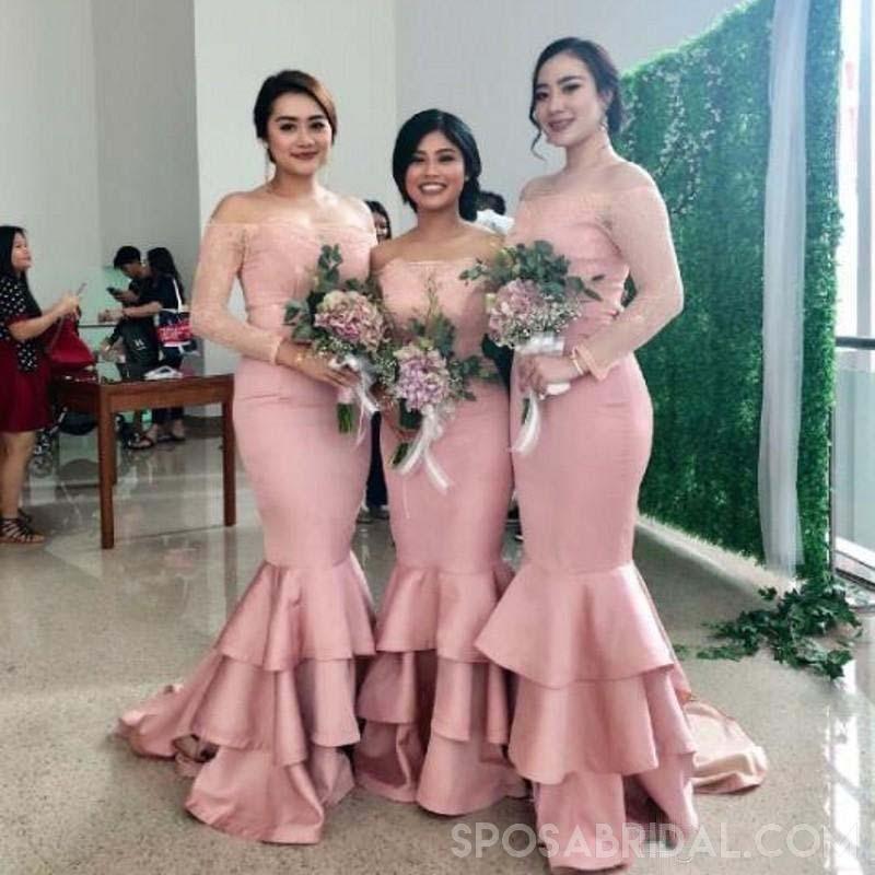 Cheap Blush Pink Mermaid Off Shoulder Lace Applique Formal Dresses，Wedding Guest Dress , WG400