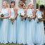 Cheap Chiffon Newest Beach Affordable High Neck Blue Popular Simple Long Bridesmaid Dress, PD0401
