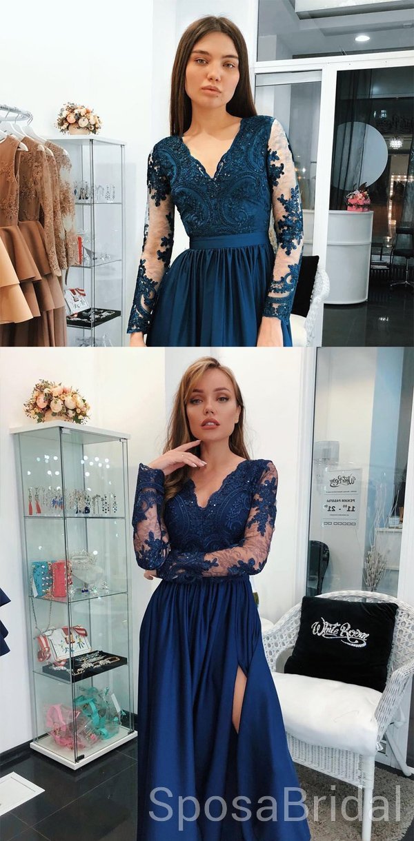 dark blue long dress with sleeves Long Sleeves Navy Blue Side Slit Modest V Neck Elegant Prom Dresses, E – SposaBridal