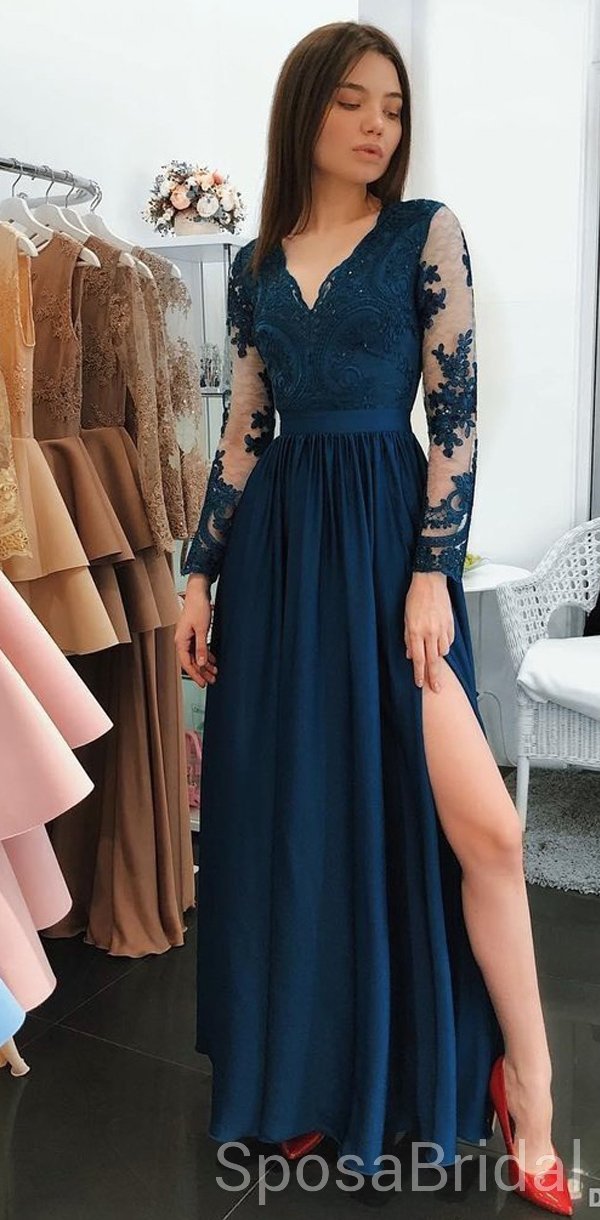 Long Sleeves Navy Blue Side Slit Modest V Neck Elegant Prom Dresses, E SposaBridal Long Sleeves Navy Blue Side Slit Modest V Neck Elegant Prom Dresses, E SposaBridal