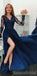 Cheap Long Sleeves Navy Blue Side Slit Modest V Neck Elegant Prom Dresses, Evening Dresses, PD1273