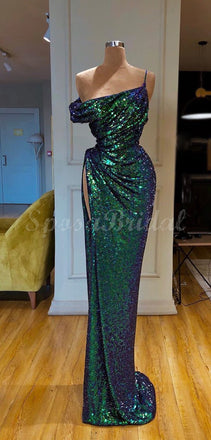 Cheap Mismatched Sparkly Green Sequin Modest Formal Long Prom Dresses PD1430