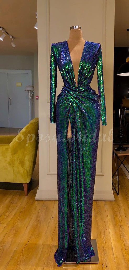 Cheap Mismatched Sparkly Green Sequin Modest Formal Long Prom Dresses ...