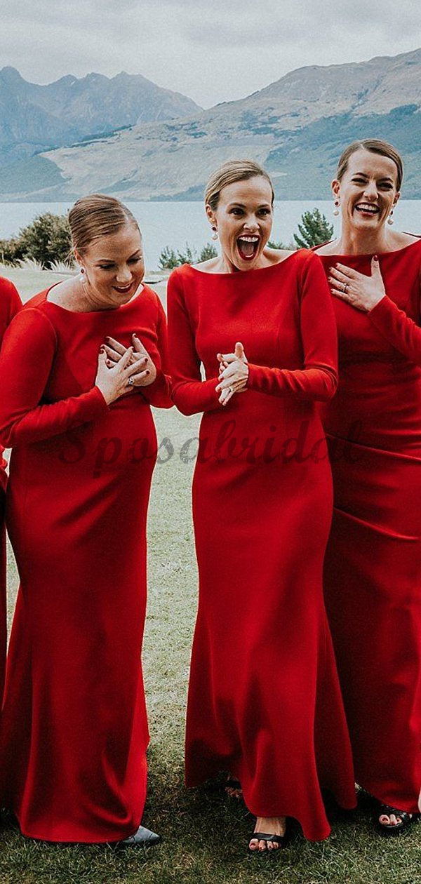 red long sleeve bridesmaid dress Red Off-Shoulder satin maternity bridesmaid dress for Plus Size Moms with Long Sleeves